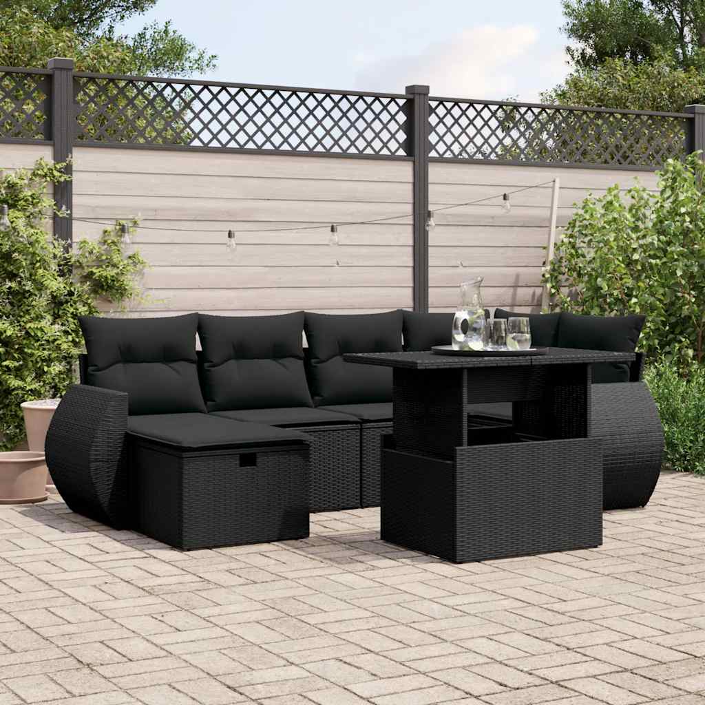 7 Pcs conjunto de sofás p/ jardim c/ almofadões vime PE preto