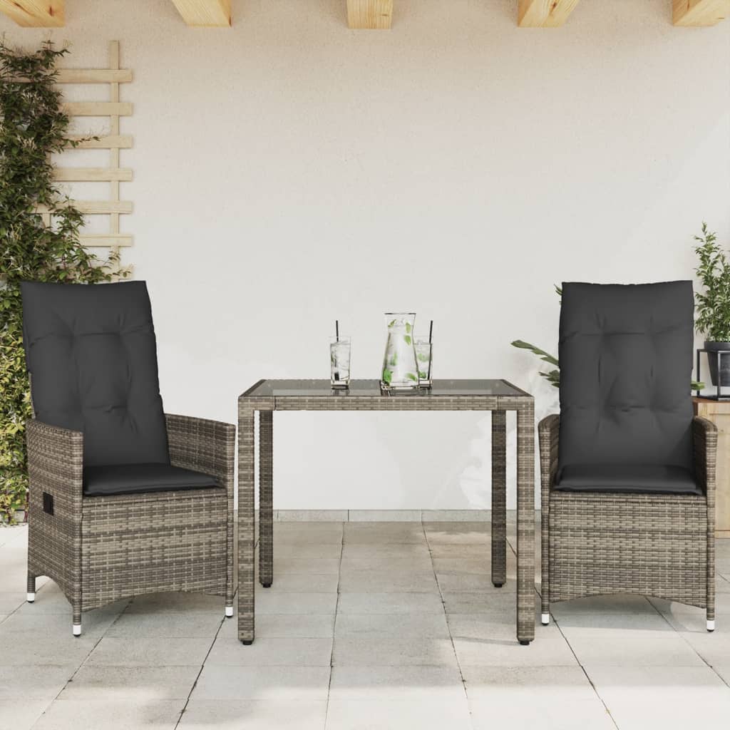 3 Pcs conjunto bistrô com almofadões vime PE cinza