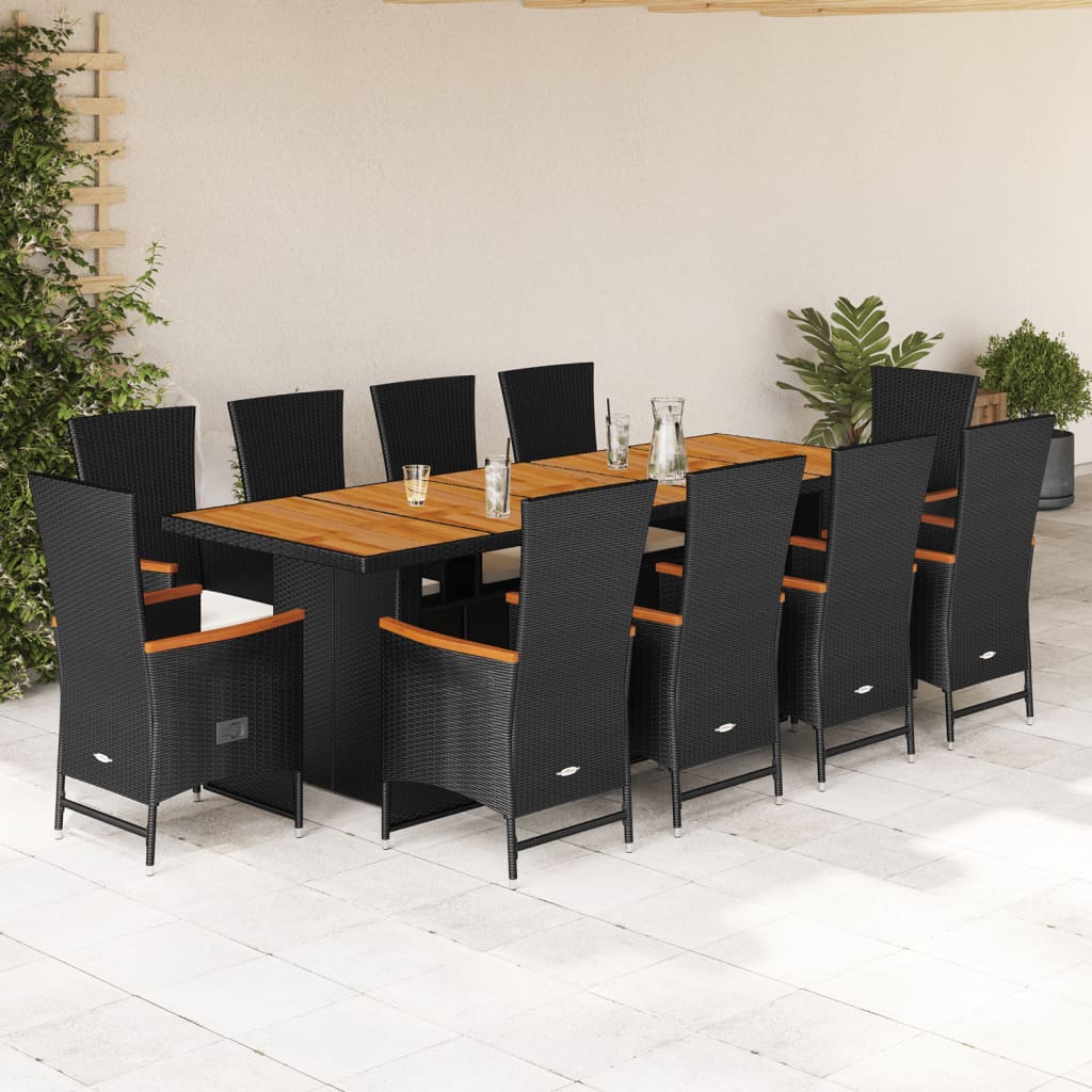 11 Pcs conjunto de jantar p/ jardim c/ almofadões vime PE preto