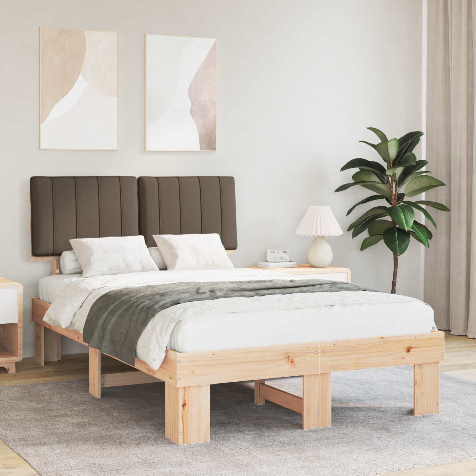 Estrutura de cama com cabeceira estofada cinzento-acastanhado
