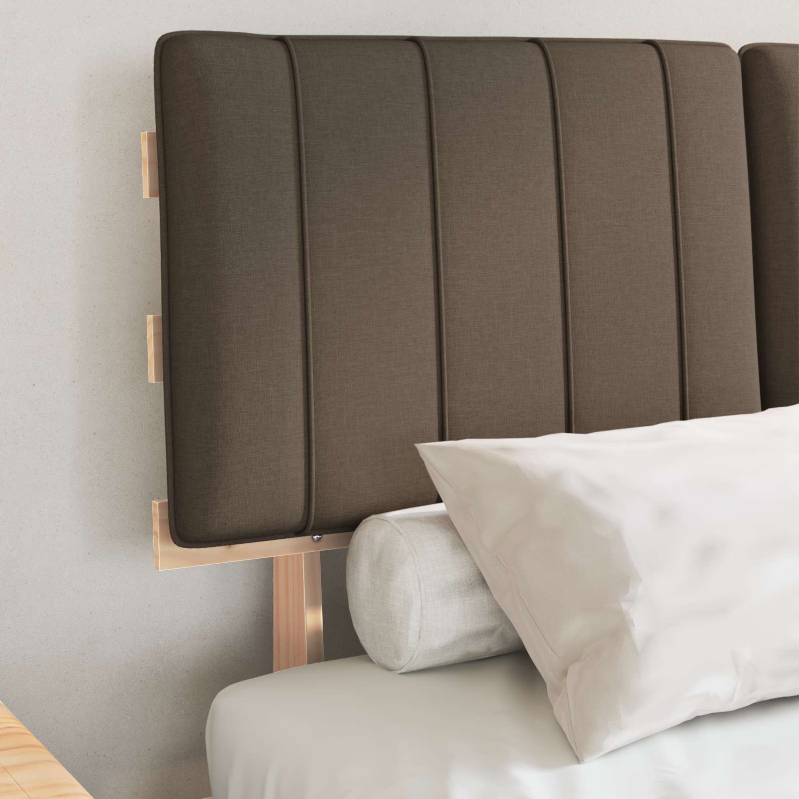 Estrutura de cama com cabeceira estofada cinzento-acastanhado