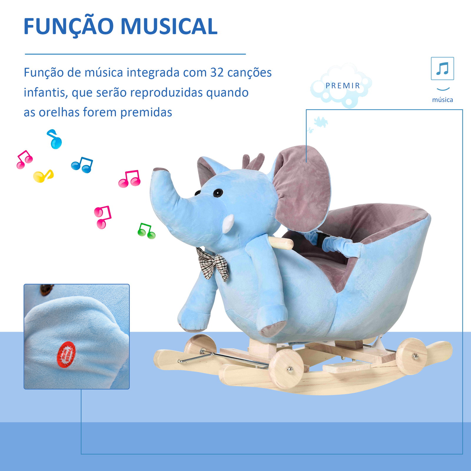 Cavalo Baloiço com Rodas e Forma de Elefante com Músicas Infantis e Cinto de Segurança 60x35x45 cm Azul