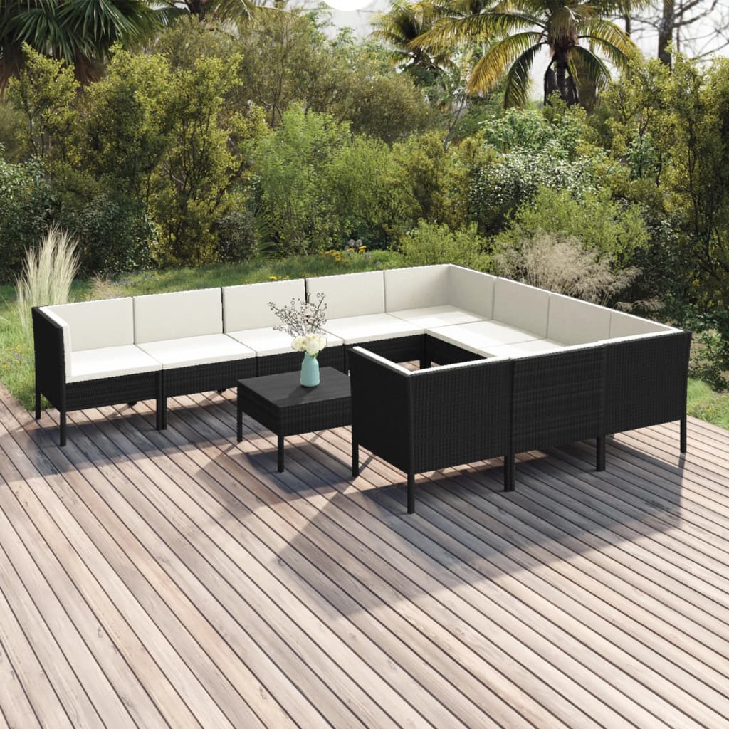 11 Pcs conjunto lounge de jardim c/ almofadões vime PE preto