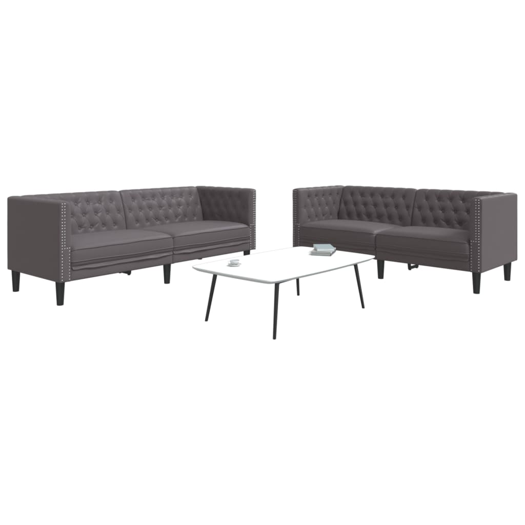 2 Pcs conjunto de sofás chesterfield couro artificial cinzento