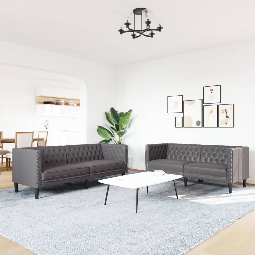 2 Pcs conjunto de sofás chesterfield couro artificial cinzento