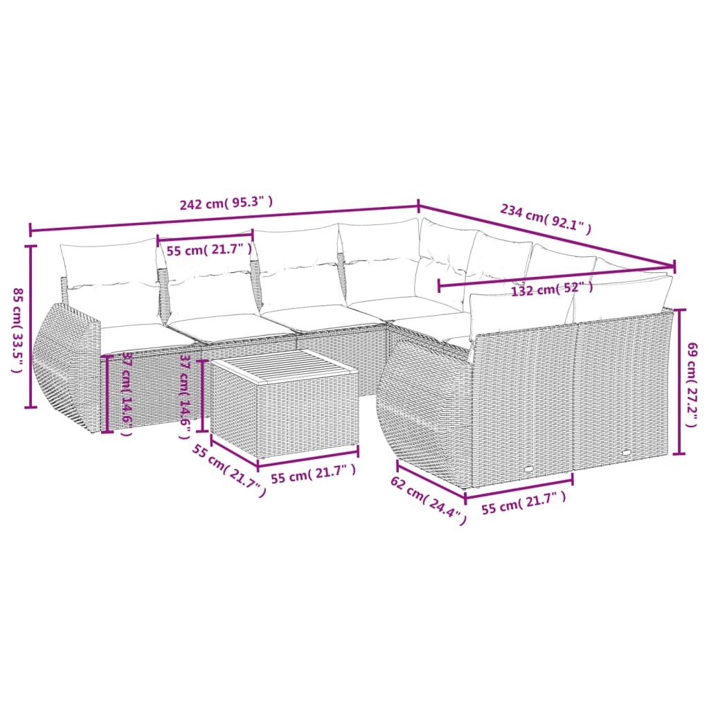 9 Pcs conjunto sofás p/ jardim com almofadões vime PE cinzento