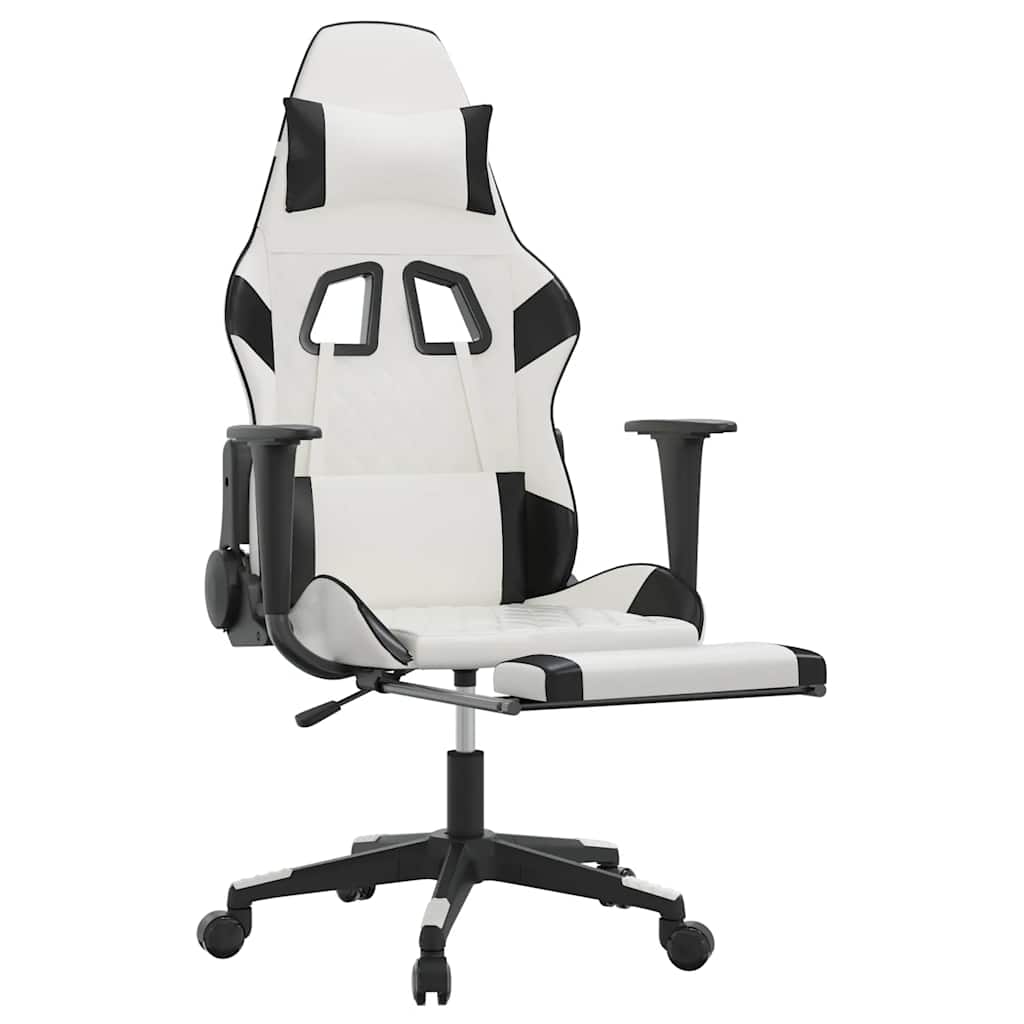 Cadeira gaming massagens c/ apoio pés couro artif. branco/preto