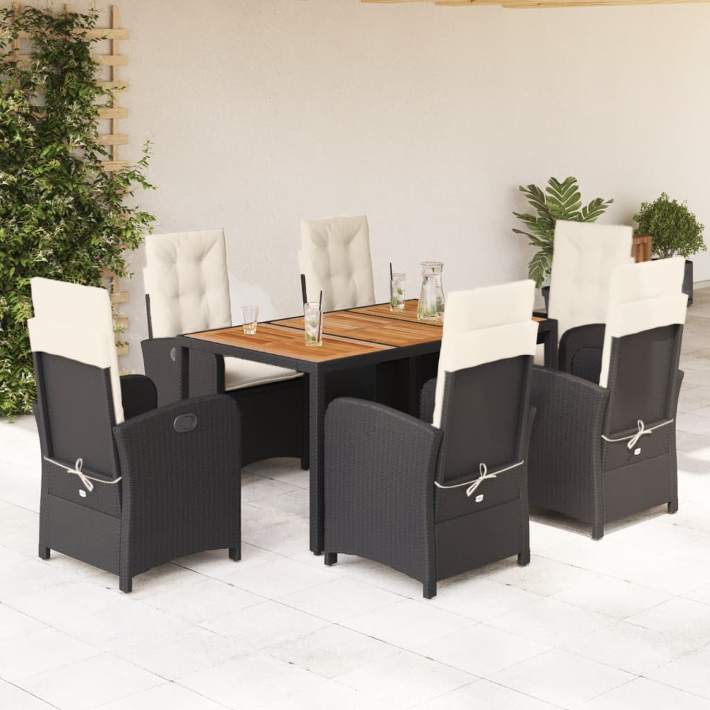 7 Pcs conjunto de jantar p/ jardim c/ almofadões vime PE preto