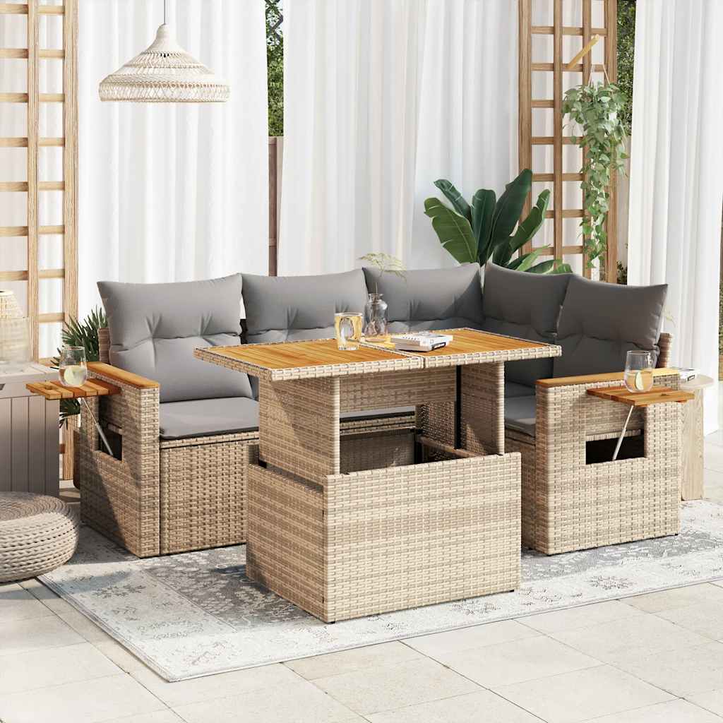 5 Pcs conj. sofás p/ jardim c/ almofadões vime PE/acácia bege