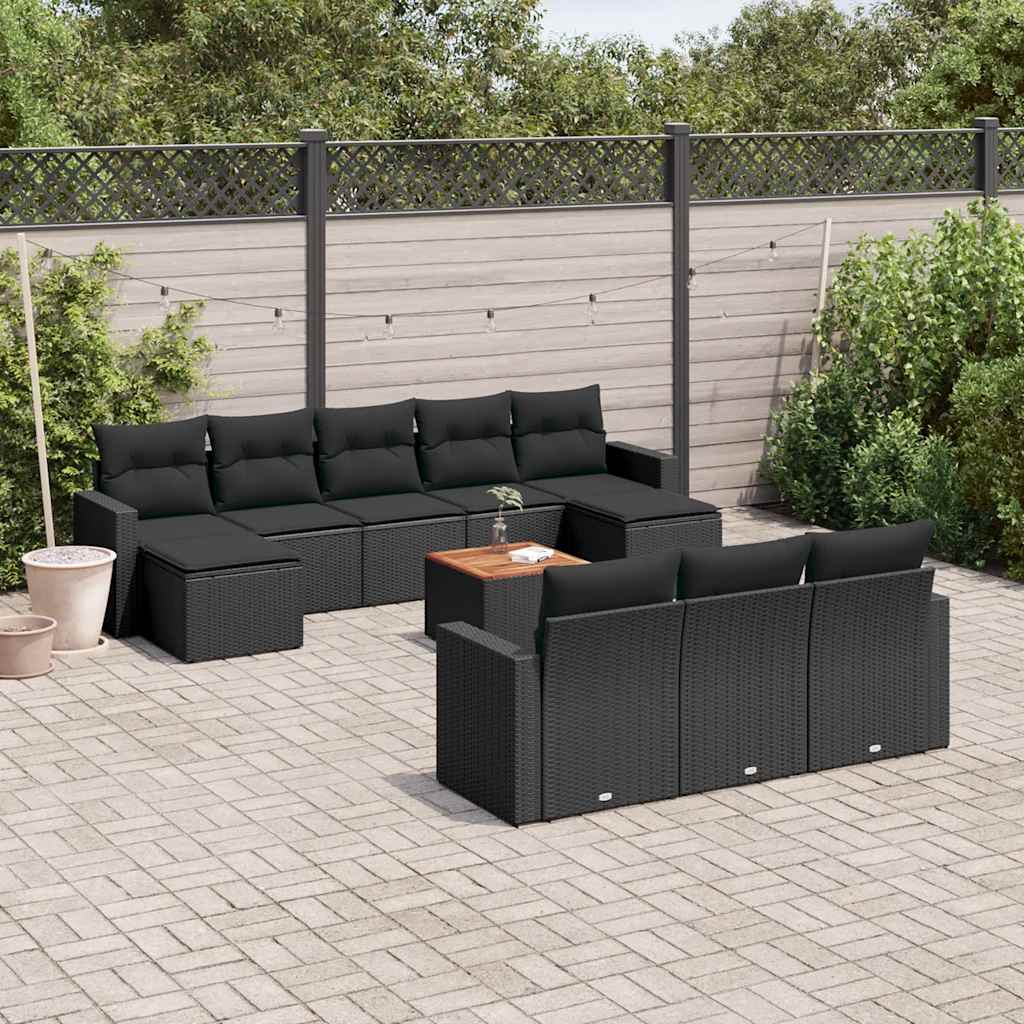 11 Pcs conjunto sofás de jardim c/ almofadões vime PE preto