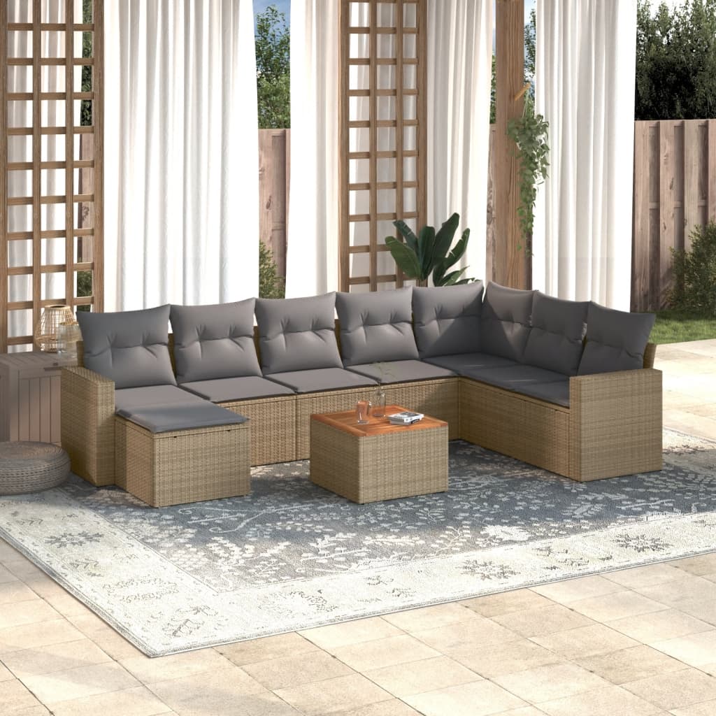 9 Pcs conj. sofás jardim c/ almofadões vime PE bege misturado