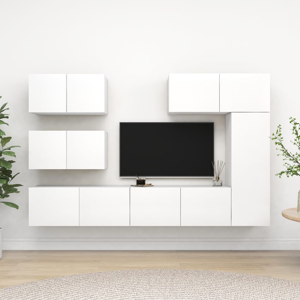 6 Pcs conjunto de móveis de TV derivados de madeira branco