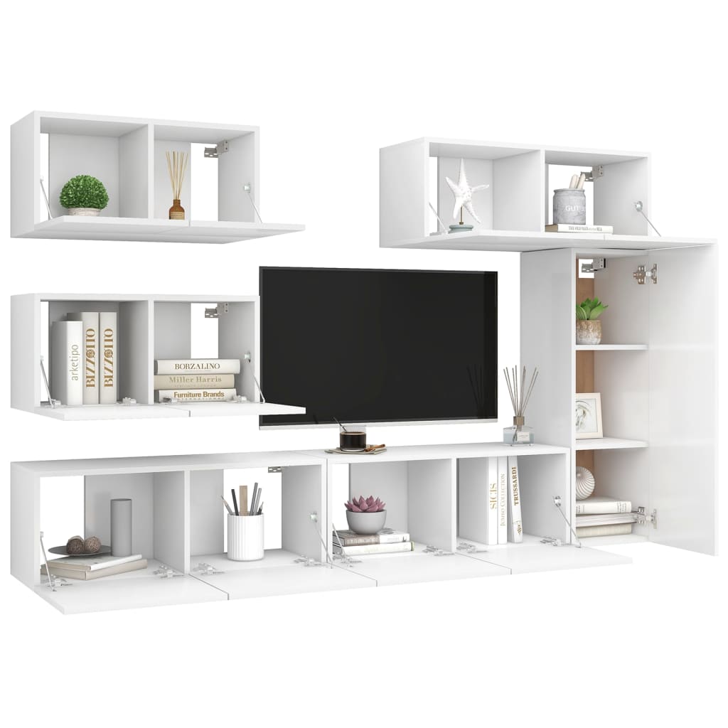 6 Pcs conjunto de móveis de TV derivados de madeira branco