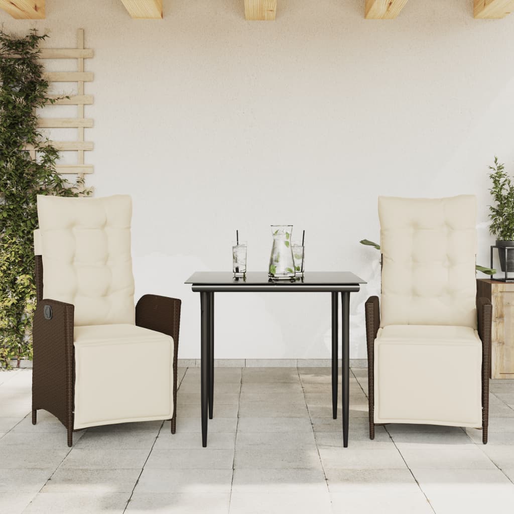 3 Pcs conjunto jantar p/ jardim c/ almofadões vime PE castanho