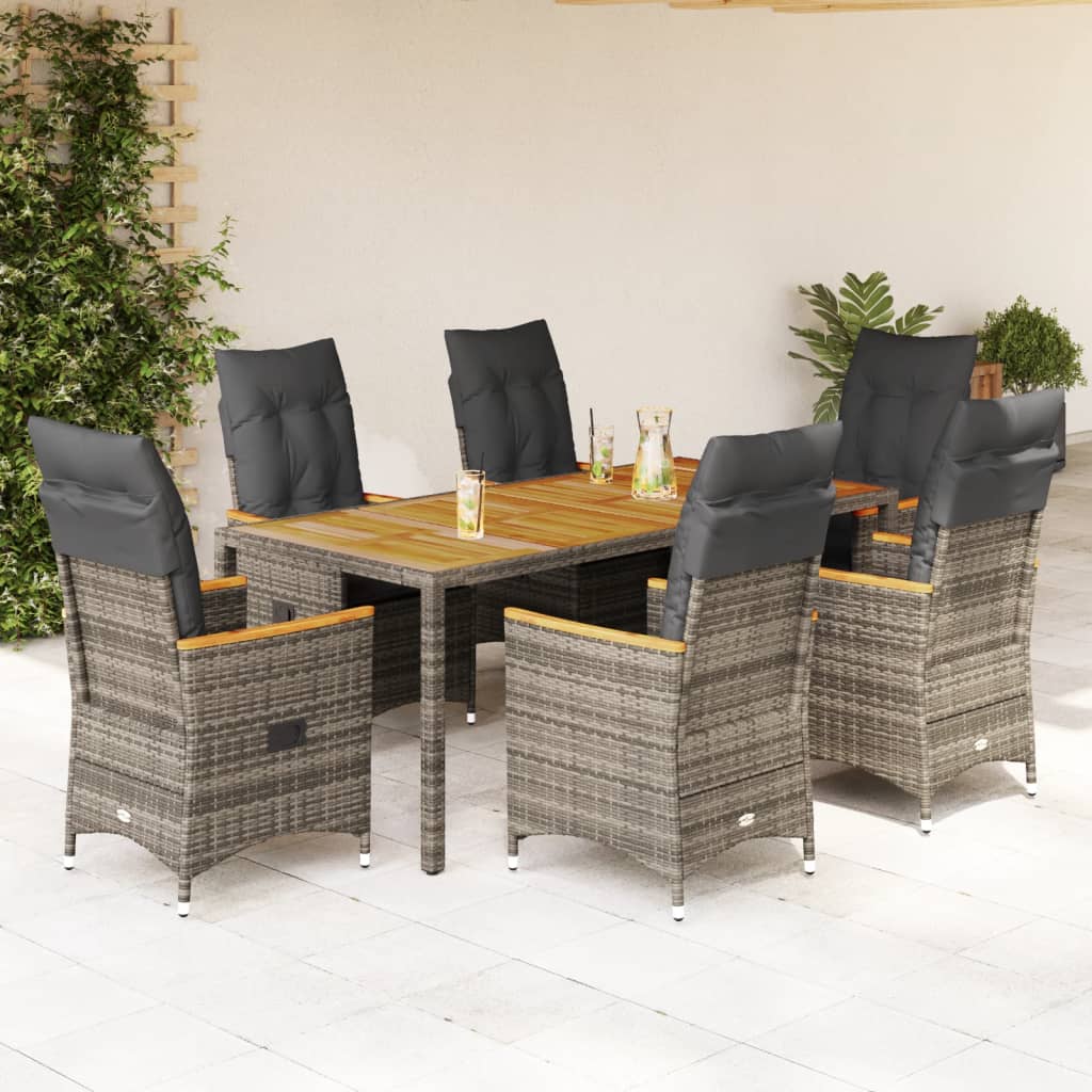 7 Pcs conjunto de jantar p/ jardim c/ almofadões vime PE cinza