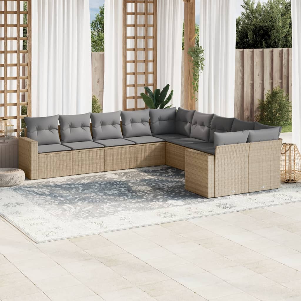 10 Pcs conjunto de sofás p/ jardim com almofadões vime PE bege