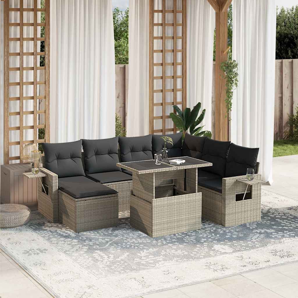 8 Pcs conj. sofás jardim c/ almofadões vime PE cinzento-claro