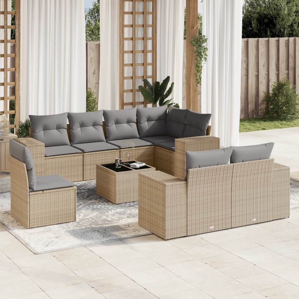 9 Pcs conjunto de sofás p/ jardim com almofadões vime PE bege