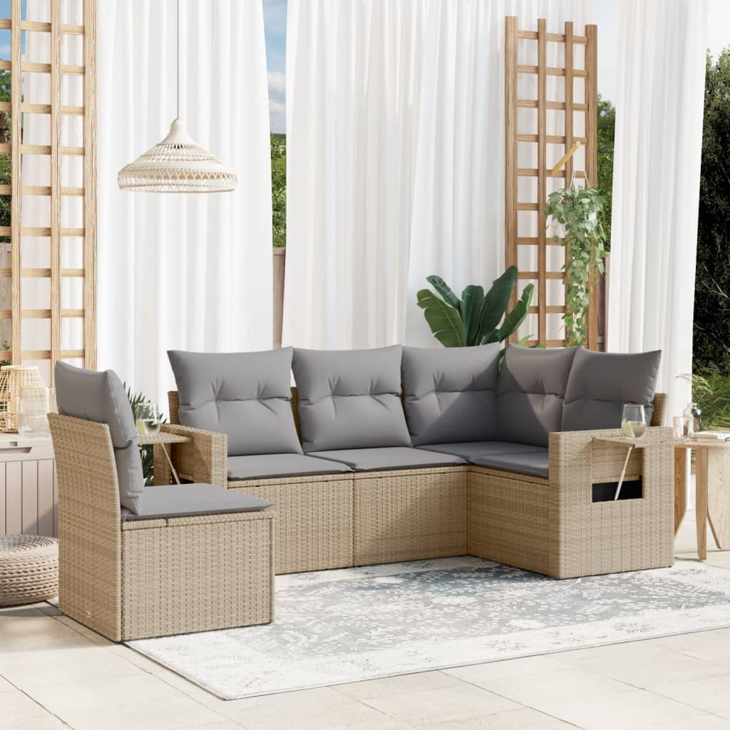 5 Pcs conjunto de sofás p/ jardim com almofadões vime PE bege