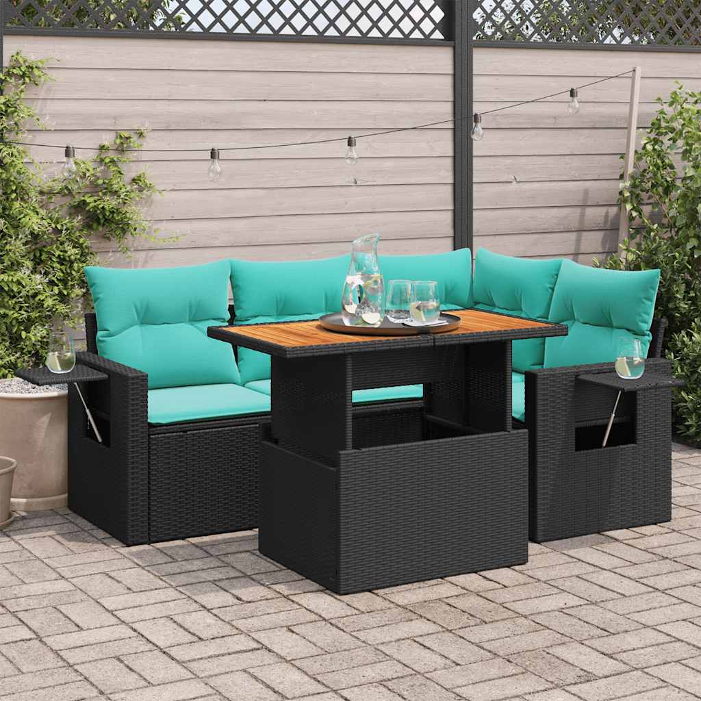 5 Pcs conjunto sofás de jardim com almofadões vime PE preto