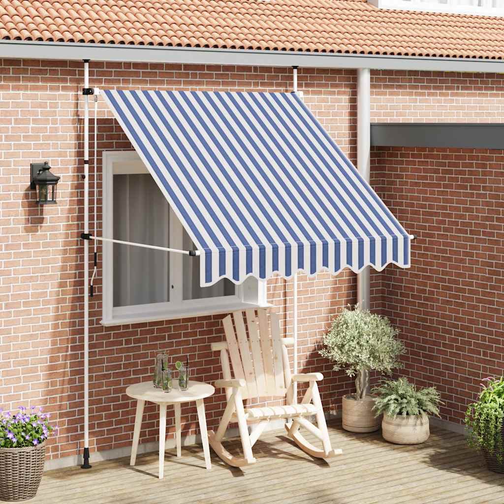 Toldo retrátil manual 200 cm riscas azuis e brancas