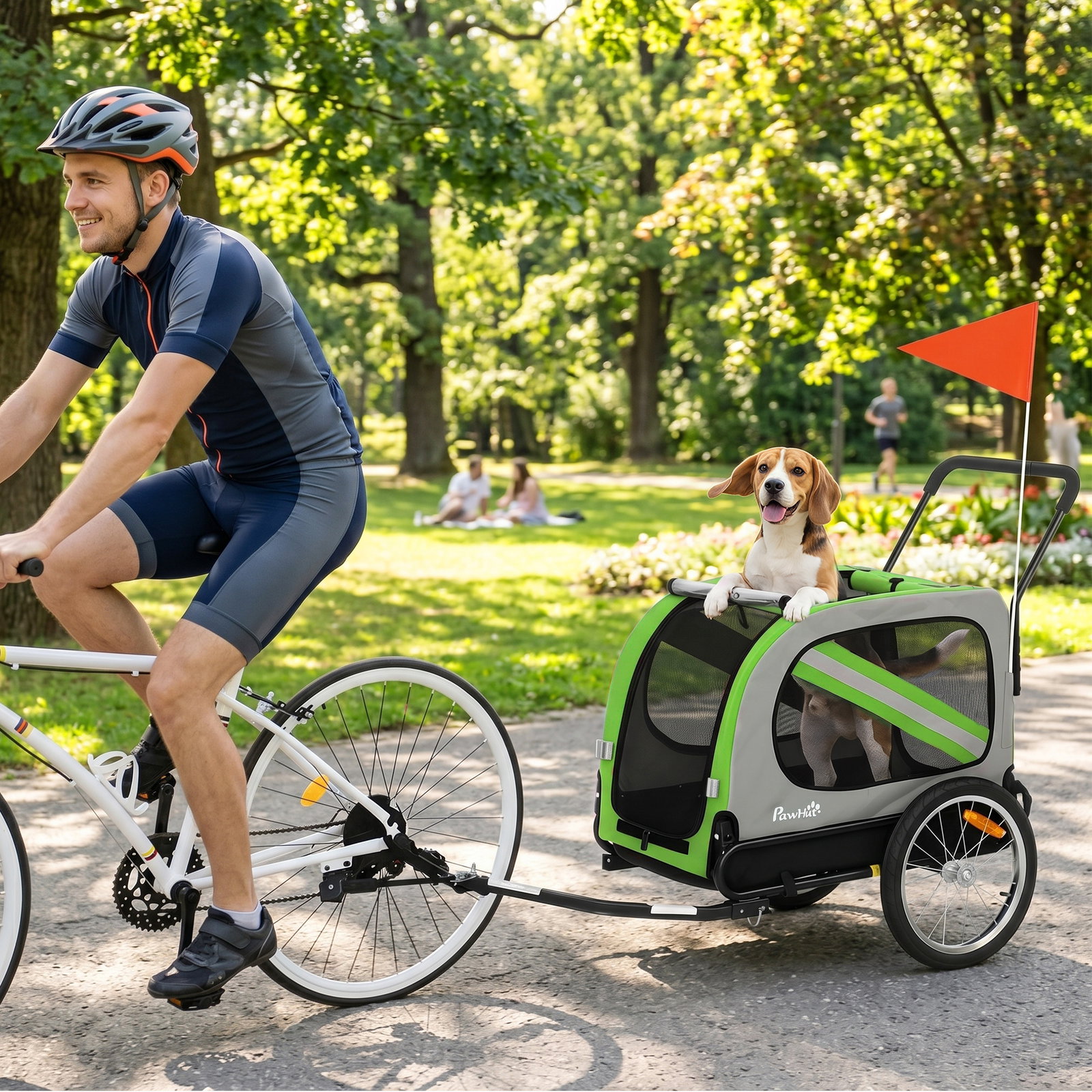 Reboque de bicicleta para cães 2 em 1 com carrinho de transporte refletores e bandeira de segurança verde
