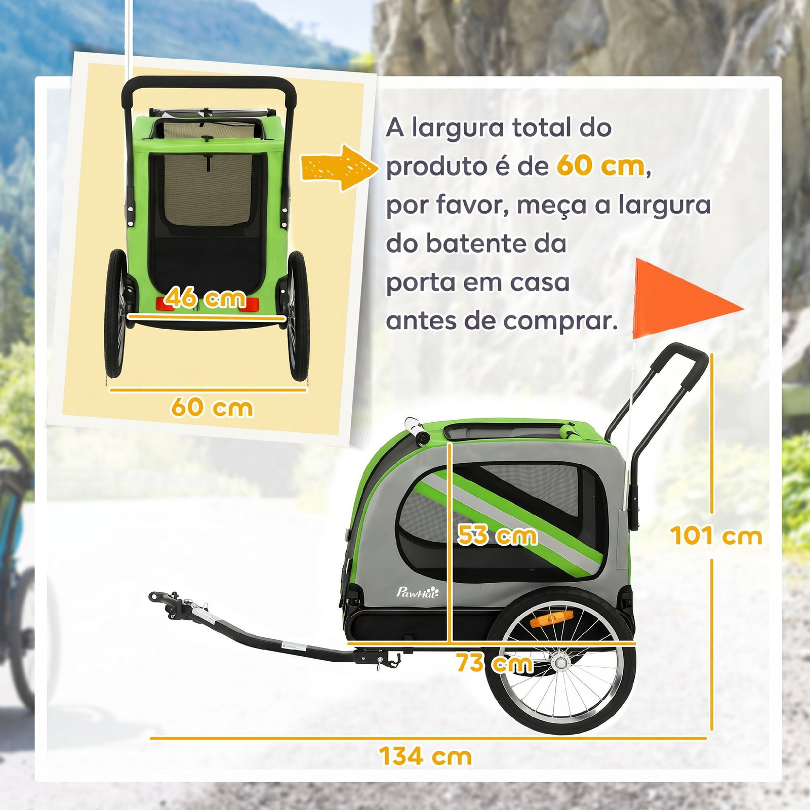 Reboque de bicicleta para cães 2 em 1 com carrinho de transporte refletores e bandeira de segurança verde