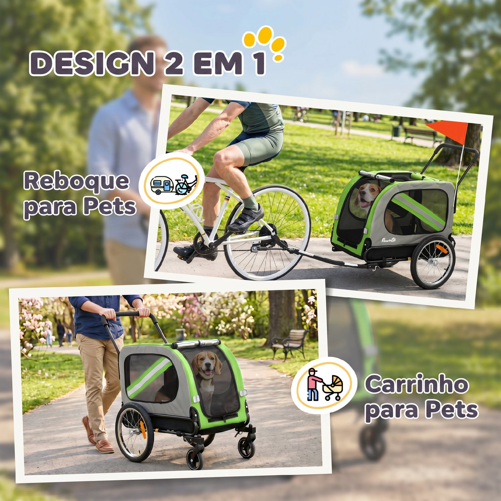Reboque de bicicleta para cães 2 em 1 com carrinho de transporte refletores e bandeira de segurança verde