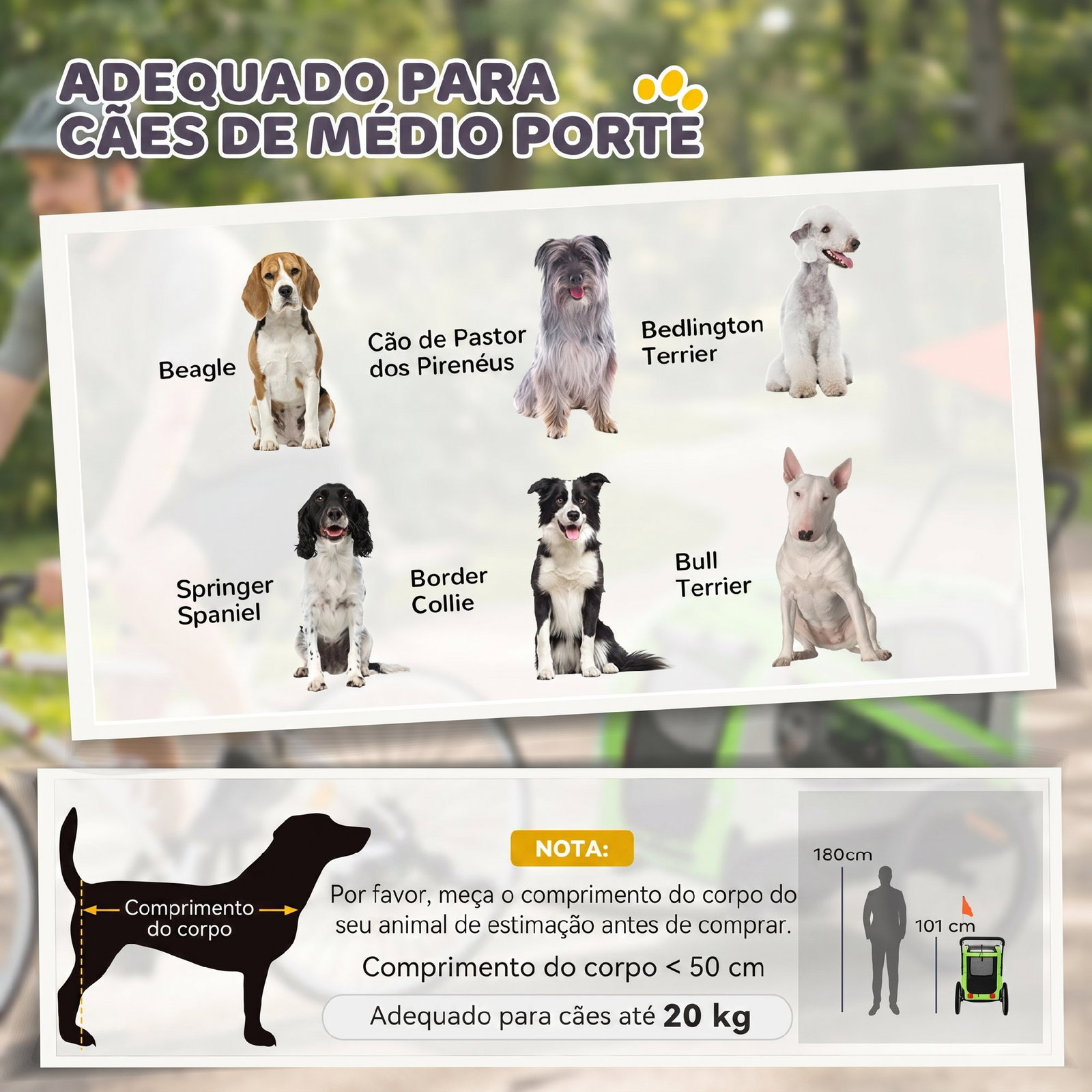 Reboque de bicicleta para cães 2 em 1 com carrinho de transporte refletores e bandeira de segurança verde