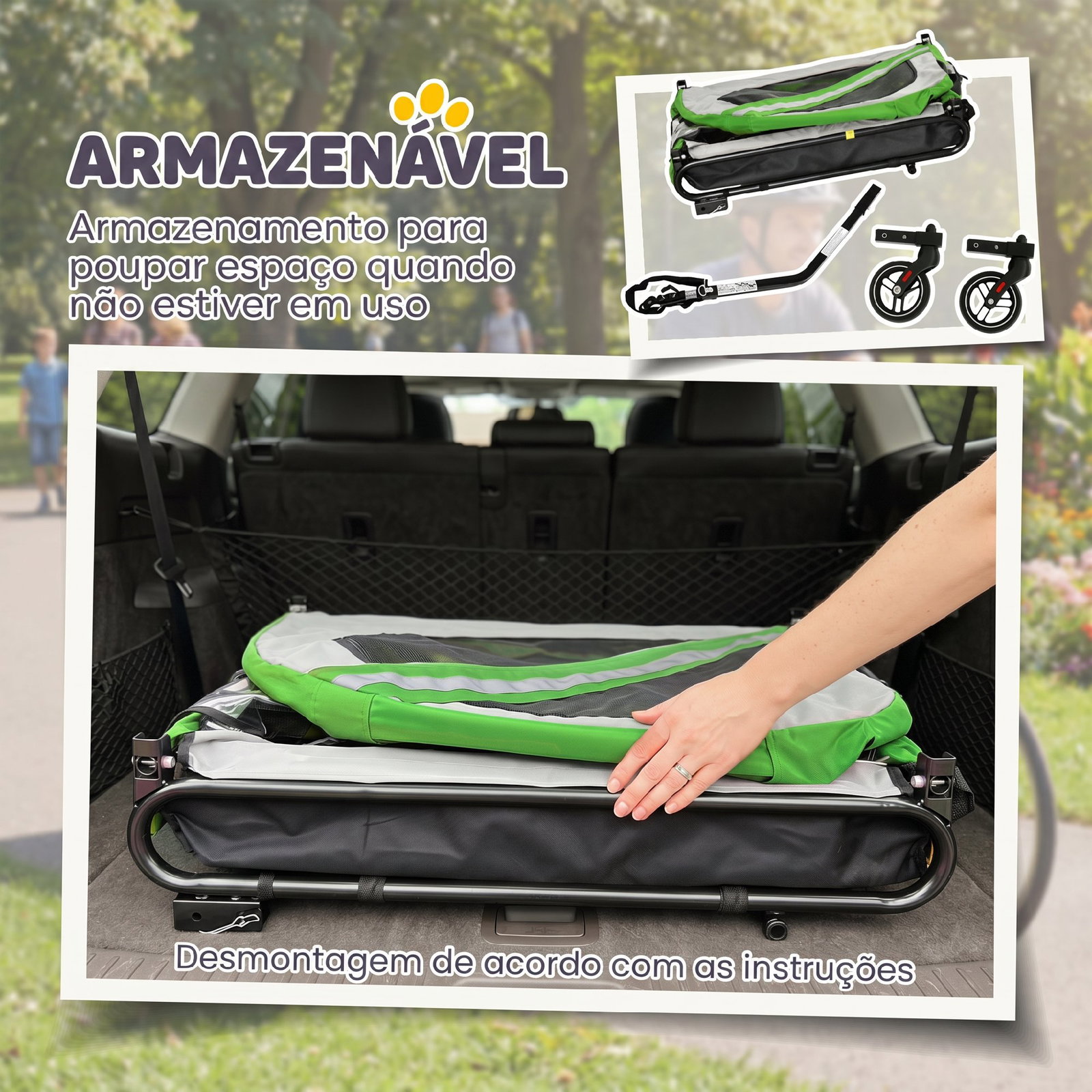 Reboque de bicicleta para cães 2 em 1 com carrinho de transporte refletores e bandeira de segurança verde