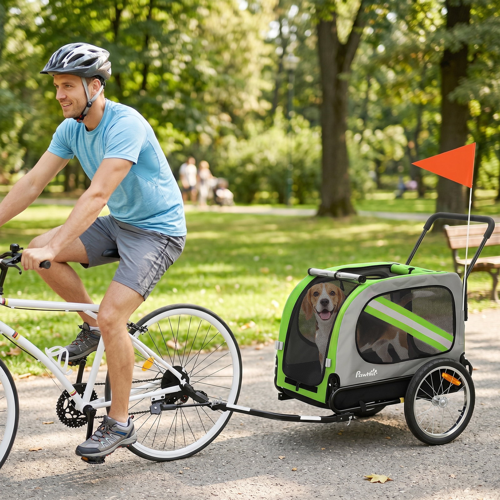 Reboque de bicicleta para cães 2 em 1 com carrinho de transporte refletores e bandeira de segurança verde