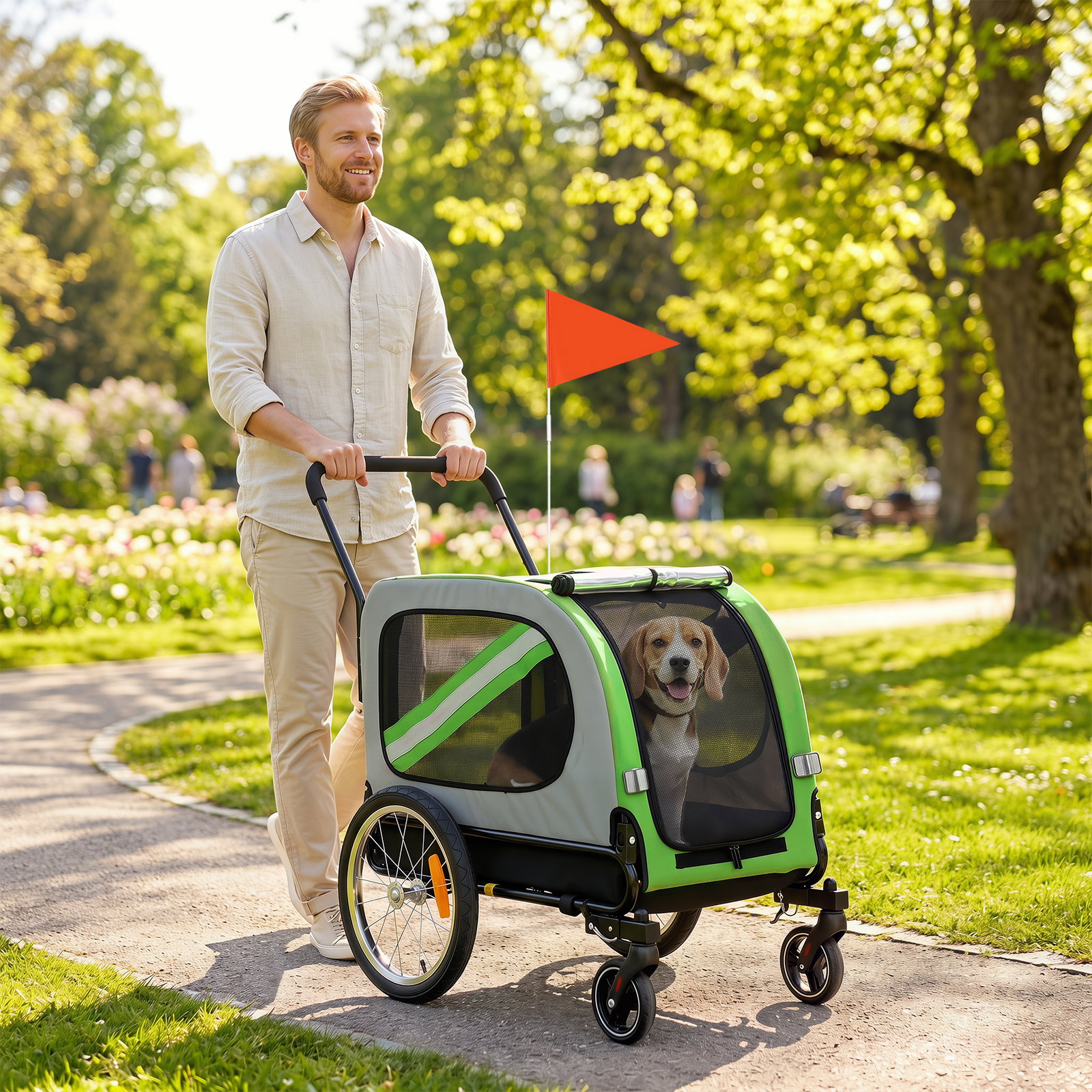 Reboque de bicicleta para cães 2 em 1 com carrinho de transporte refletores e bandeira de segurança verde