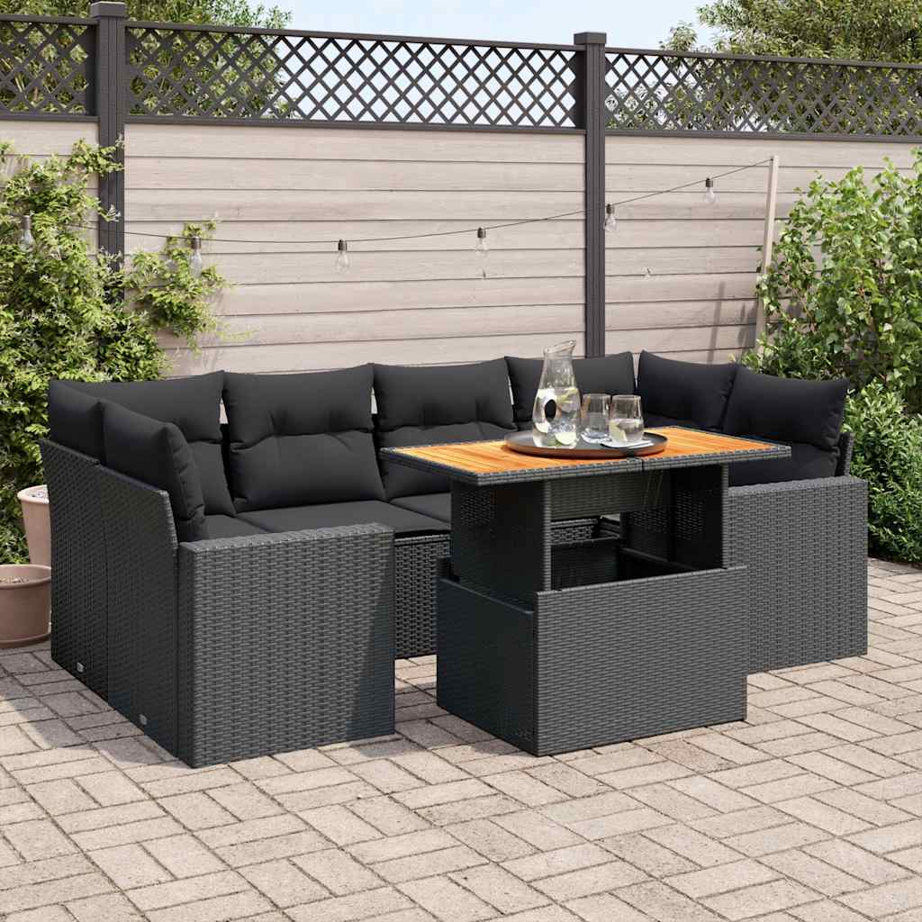 7 Pcs conjunto de sofás p/ jardim c/ almofadões vime PE preto
