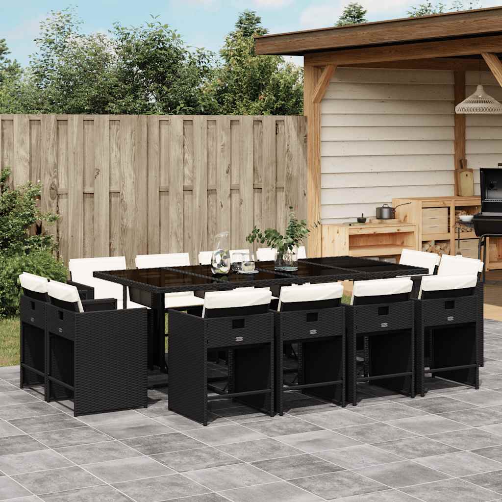 13 Pcs conjunto de jantar p/jardim com almofadões vime PE preto