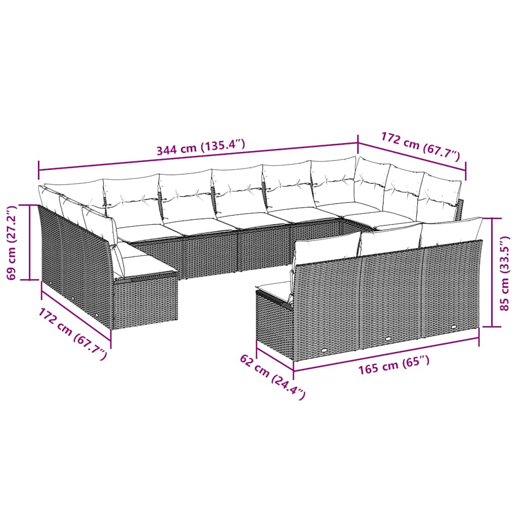 13 Pcs conjunto de sofás de jardim com almofadões vime PE preto