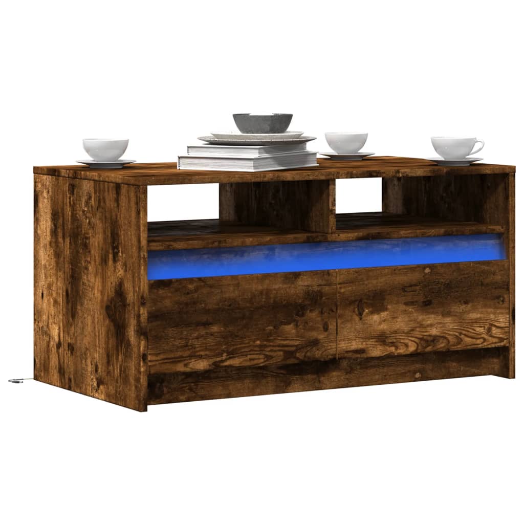 Mesa de centro c/ luzes LED derivados madeira carvalho fumado