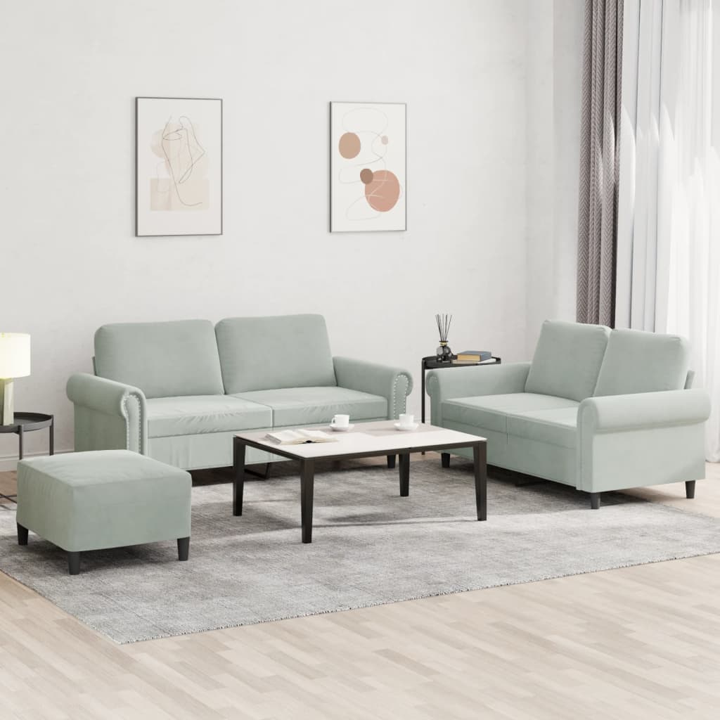 3 Pcs conjunto de sofás com almofadões veludo cinzento-claro