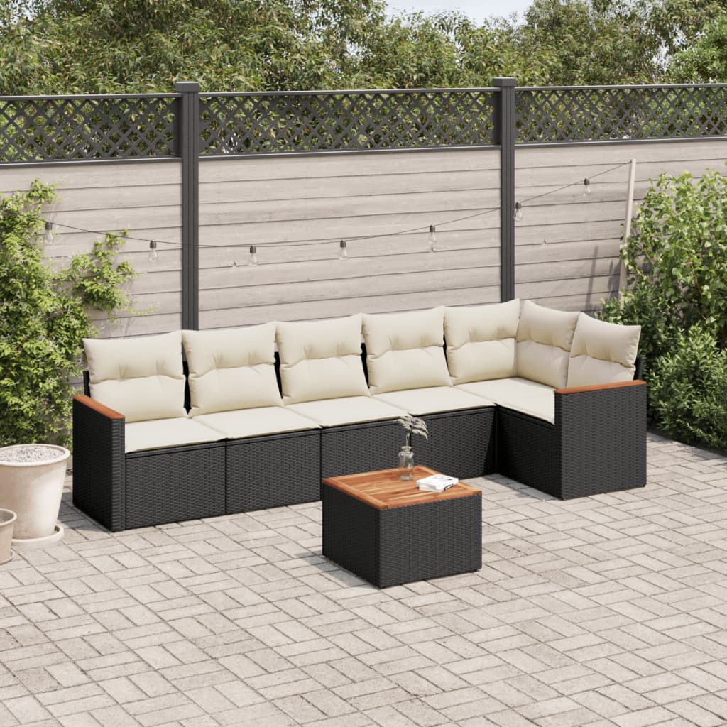 7 Pcs conjunto de sofás p/ jardim c/ almofadões vime PE preto