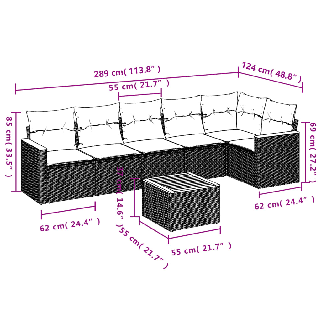 7 Pcs conjunto de sofás p/ jardim c/ almofadões vime PE preto