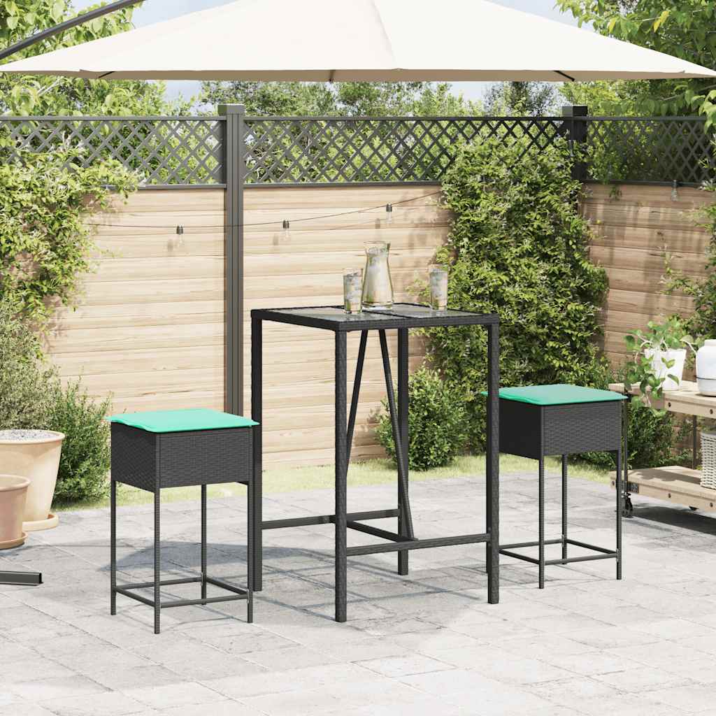 Banquetas de jardim com almofadas, 2 peças, em rattan sintético preto