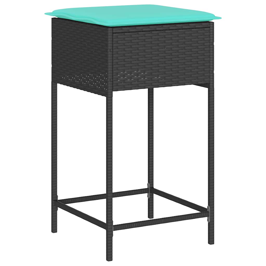 Banquetas de jardim com almofadas, 2 peças, em rattan sintético preto