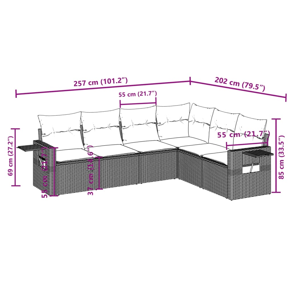 6 Pcs conjunto sofás de jardim c/ almofadões vime PE preto