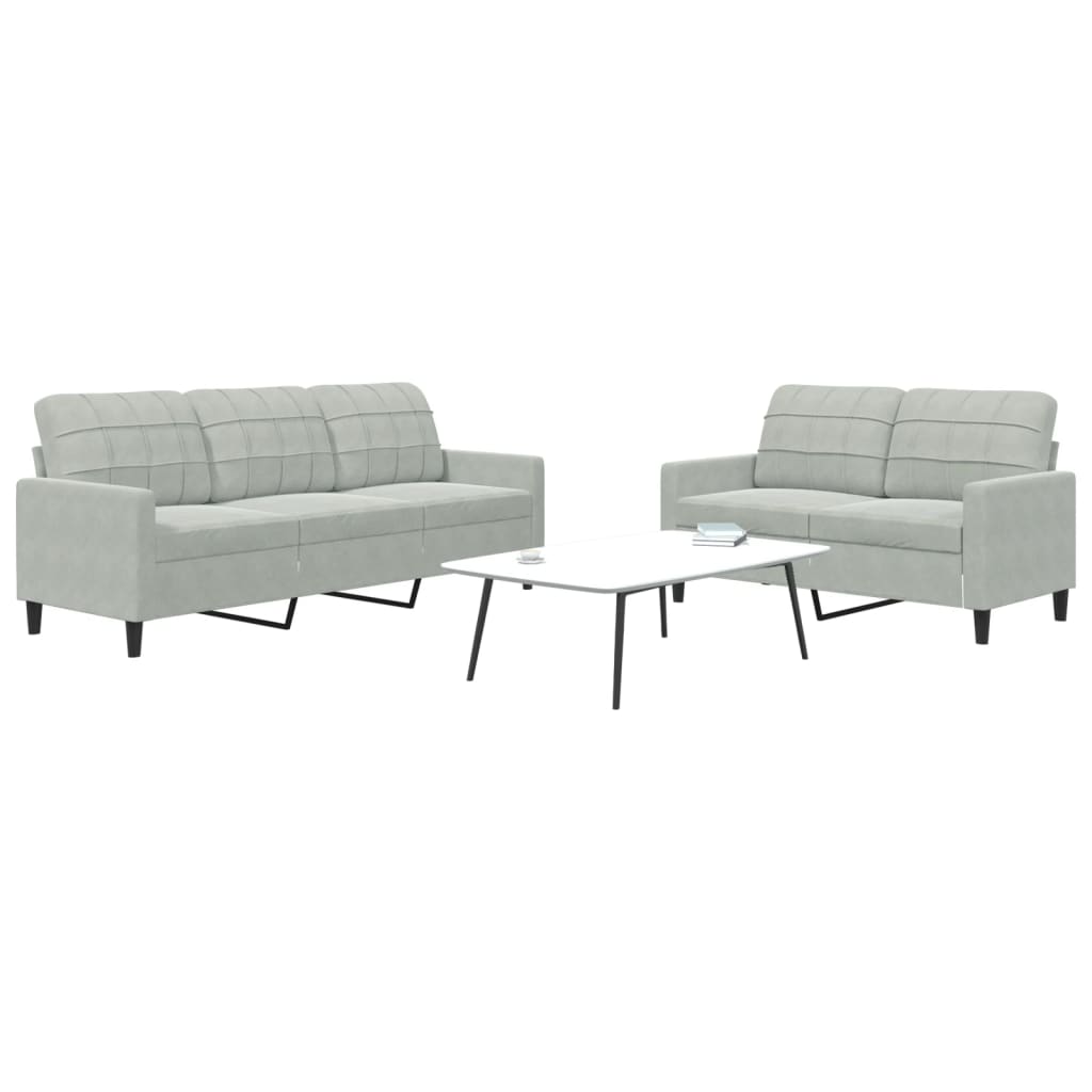 2 Pcs conjunto de sofás com almofadões veludo cinzento-claro