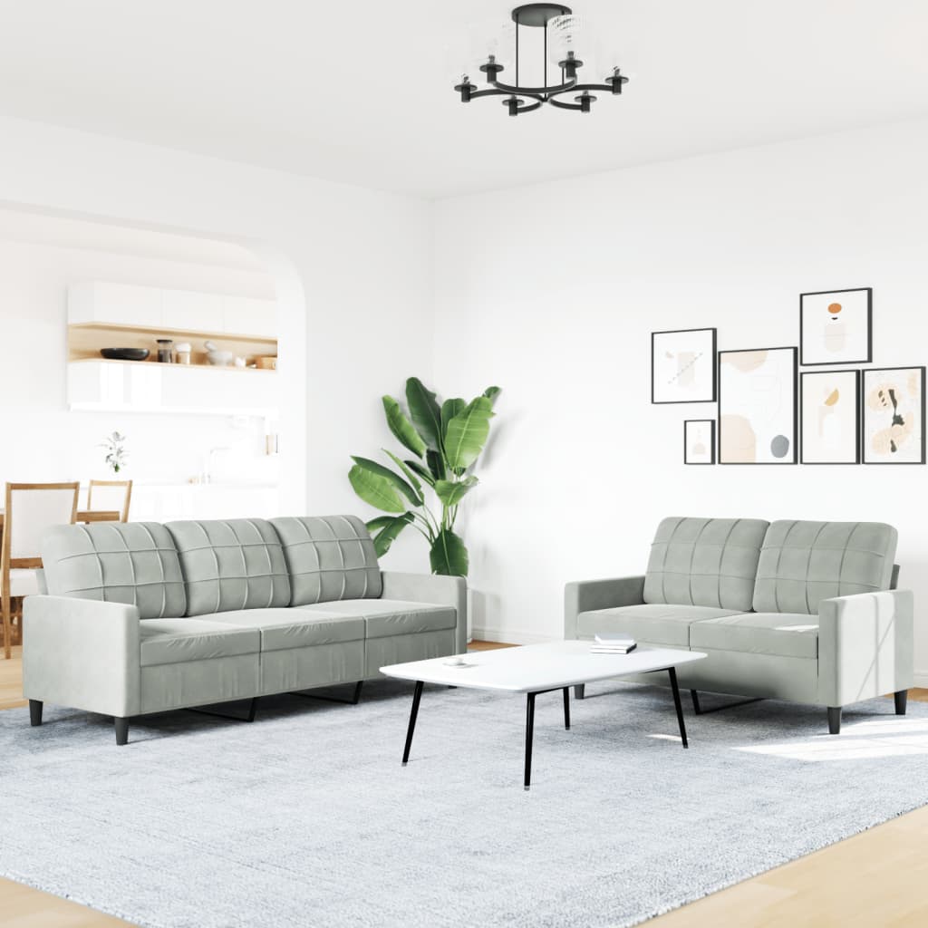 2 Pcs conjunto de sofás com almofadões veludo cinzento-claro