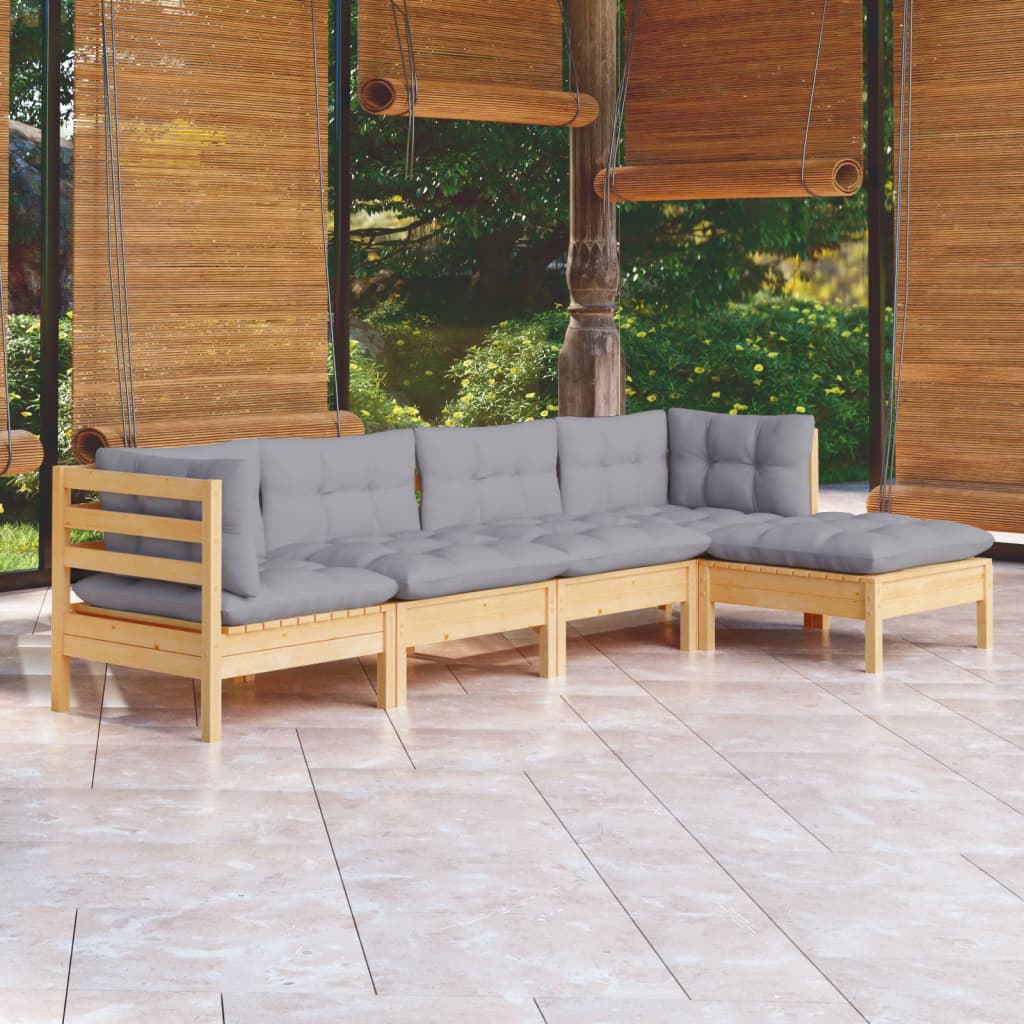 5 Pcs conjunto lounge de jardim c/ almofadões cinza pinho