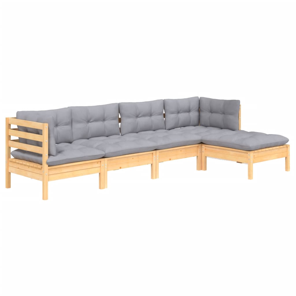5 Pcs conjunto lounge de jardim c/ almofadões cinza pinho
