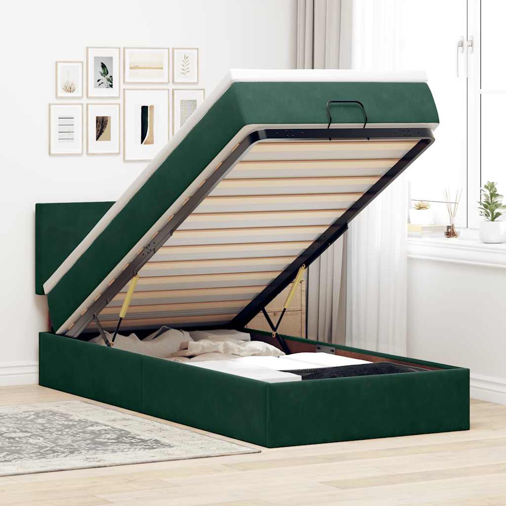 Cama otomana com colchão & leds 80x200cm veludo verde-escuro