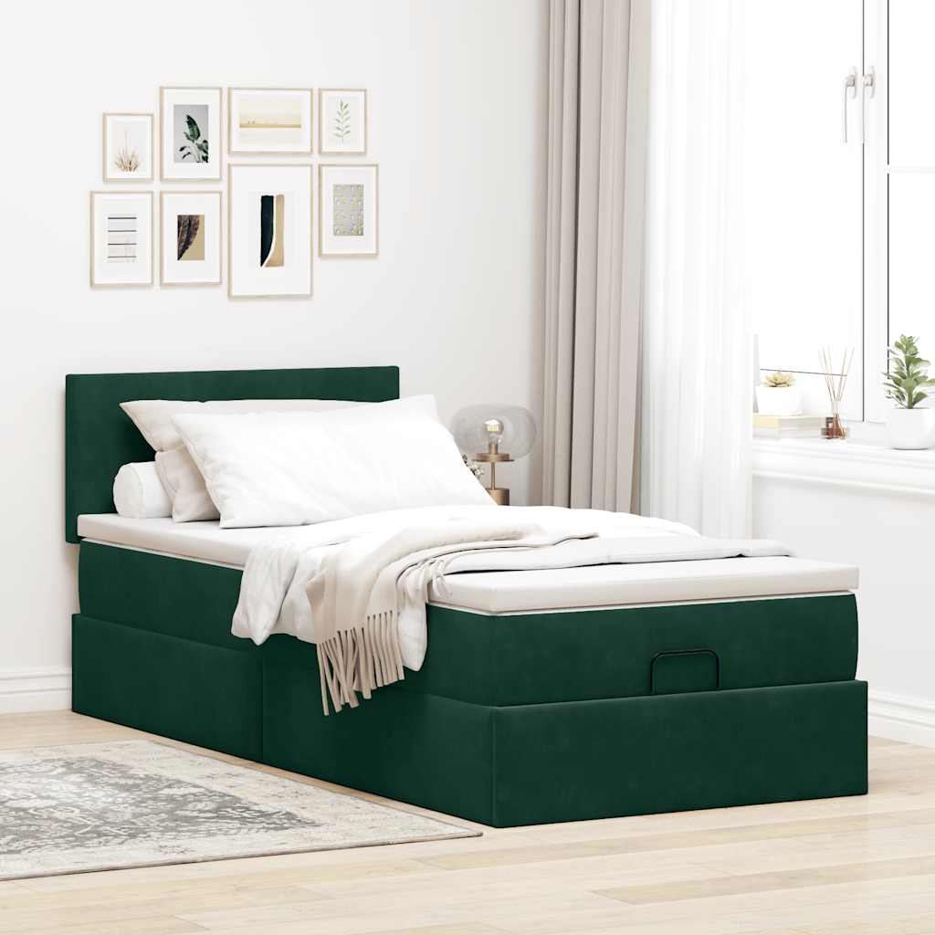 Cama otomana com colchão & leds 80x200cm veludo verde-escuro