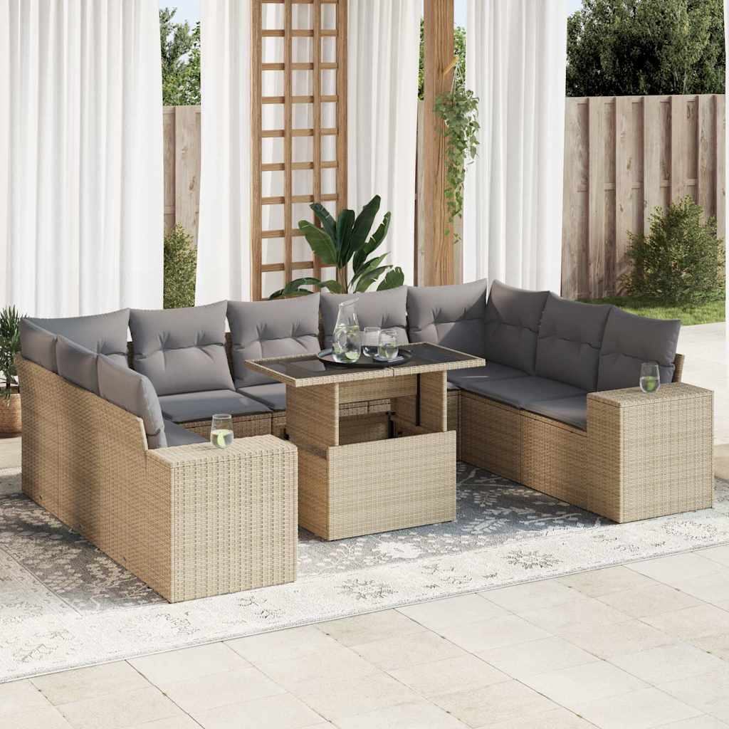 10 Pcs conjunto de sofás p/ jardim com almofadões vime PE bege