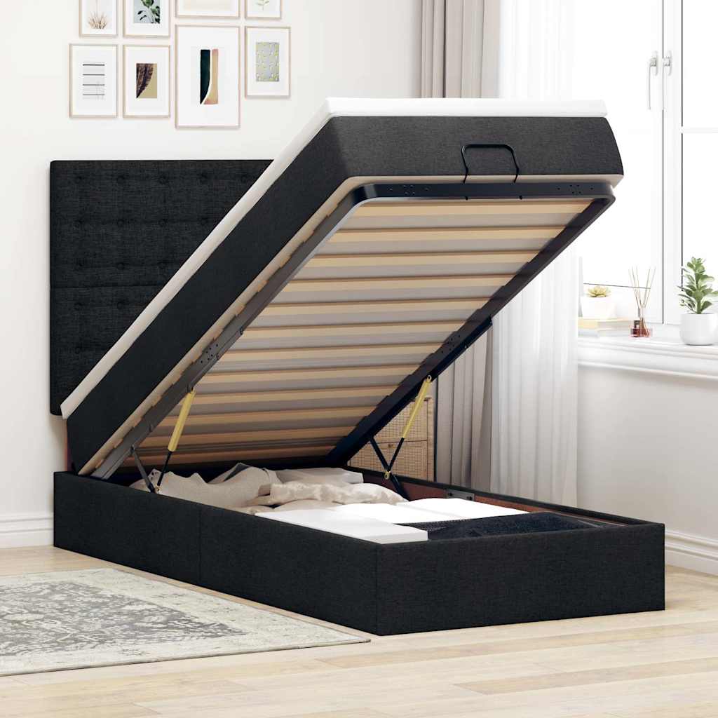 Cama otomana com colchão 90x200 cm tecido preto